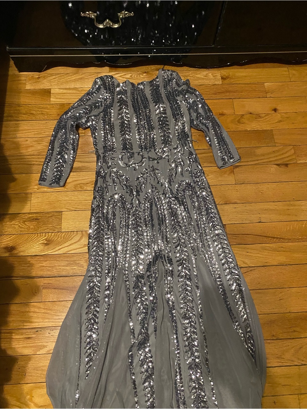 R&M Richards Gray Silver Sequined Long Sleeve Gown